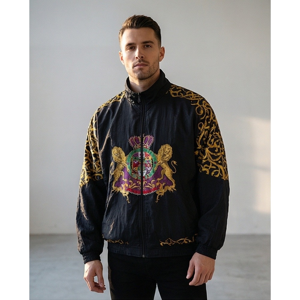 Vintage Aryee Argee Vintage 80's Black Gold Lion Crown Crest Jacket Unisex L